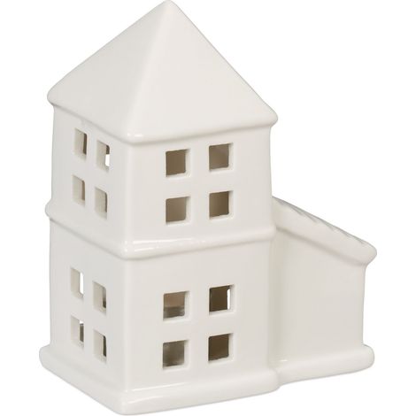 Relaxdays Casetta Portacandele in Ceramica, Casa Luminosa Porta-Tealight, per 1 Candelina, HLP 11,5 x 9,5 x 6 cm, Bianco