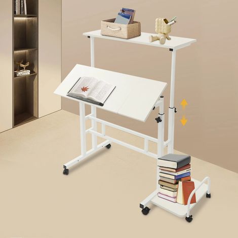 Multifunktionaler, klappbarer Schreibtisch – Höhenverstellbarer Stehschreibtisch mit 6 Universalrollen, 74 x 54 x 115 cm — Moderner, verstellbarer Laptop-Tisch auf Rollen für Zuhause und Büro (Weiß)