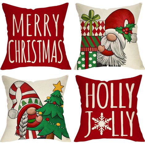 Fundas de almohada decorativas con forma de gnomo navideño, 45 x 45 cm, juego de 4, ideales para la veranda, la terraza y otros espacios interiores. (1/4)