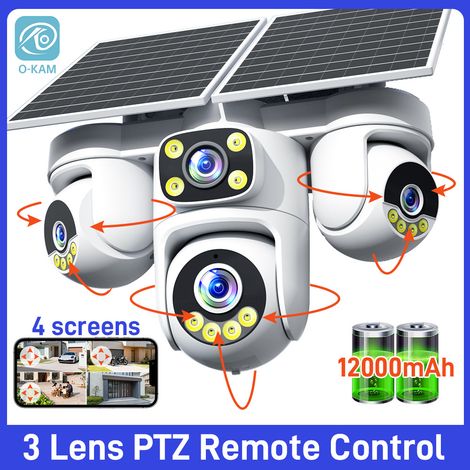 Caméra de surveillance solaire extérieure AOV, 4 objectifs et 4 vues simultanées, PTZ motorisée 6 moteurs, batterie 12 000 mAh, vision nocturne, audio bidirectionnel, alarme, IP66, sans abonnement, ca (1/5)