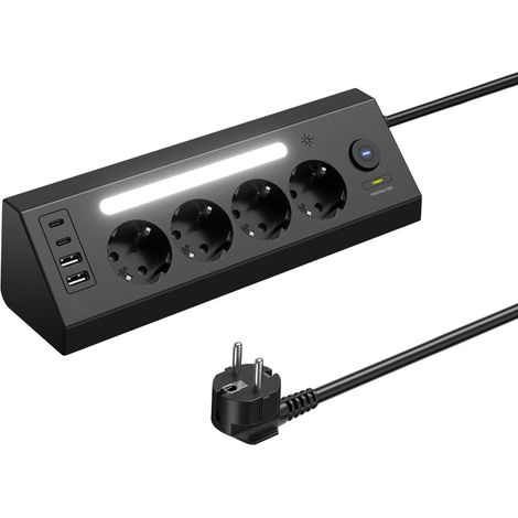 Multiprise de Bureau avec USB C, Prise Multiple 4 Prises, Prise de Table avec Interrupteur et LED, Prise d'angle pour Cuisine, Chambre ou Bureau, Câble 1.8m, Noir (1/5)