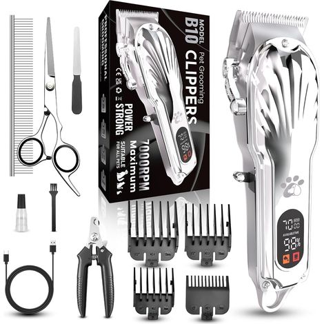 Tondeuse pour Chien pour Poils Épais, Tondeuse pour Animaux sans Fil avec Écran LED à Faible Bruit Rechargeable avec Ensemble de Soins des Ongles (Argent) (1/5)