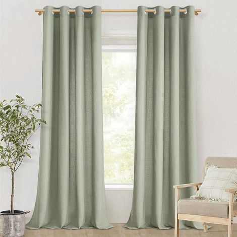 Lot de 2 Rideaux Voilage 140x220 CM Vert Sauge Oeillets Effet Lin Salon Chambre (1/5)