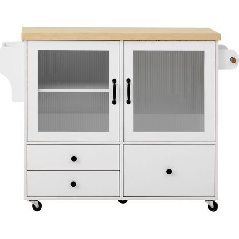 Isla de cocina móvil con ruedas y mesa extensible, MDF, blanco y madera natural (1/5)
