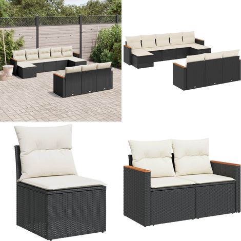 Salon de jardin 10 pcs avec coussins noir résine tressée - Ensemble Salon De Jardin - Mobilier Extérieur - Meubles De Jardin - Salon De Jardin Pliable - Chaise Longue - Home & Living (1/5)