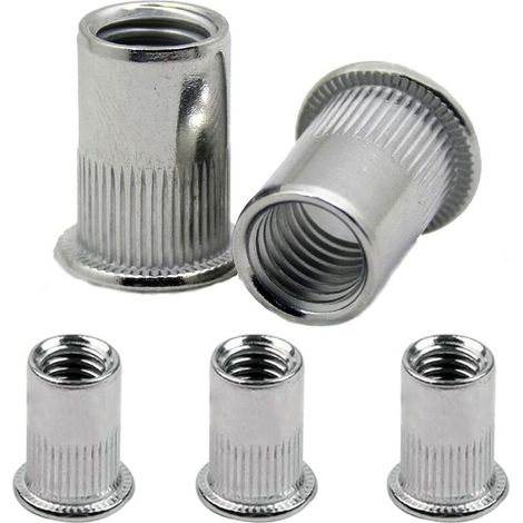 Insert de noix de rivet m6, 100pcs m6 tête plate noix en aluminium en acier inoxydable tête plate noix de rivetage pour piet Rivet Riveter Tool Piet, tête moletée Nutserts (1/5)