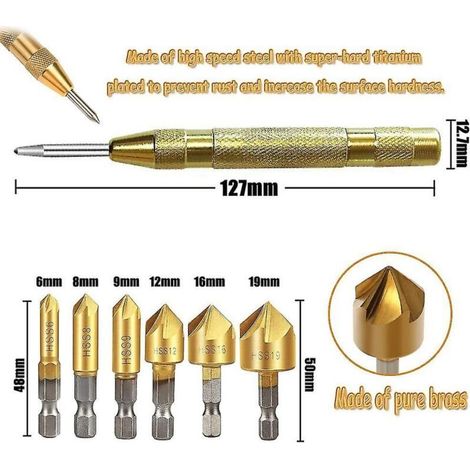 Brocas avellanadoras hexagonales HSS de 5 mm – Juego de 6 con punzón central automático, para acero, madera y plástico.