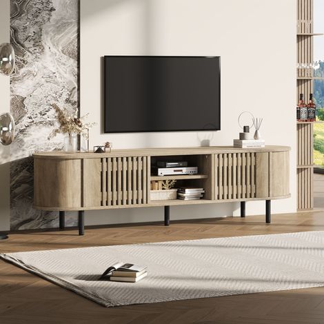 Mobile TV 160x40x47 cm, base ultra stabile a 5 supporti, per TV 65 pollici, con 2 ante, in legno, naturale, per soggiorno