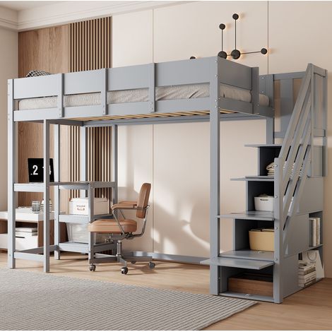 letto contenitore 90x200 in legno scala ripiano grigio HAVRYA (1/5)