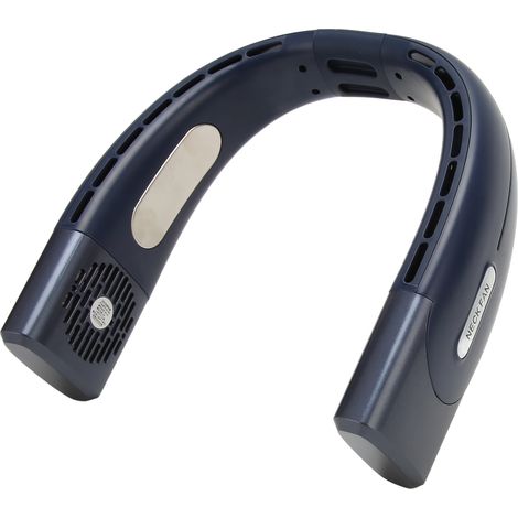 Ventilateur de cou portable bleu, rechargeable par USB, vent puissant, sans pales, portable, idéal pour les voyages et pour se rafraîchir en extérieur.