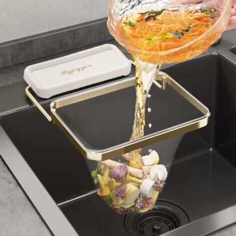 Panier d'angle pliable pour évier de cuisine avec 100 sacs en filet jetables – Filtre récupérateur d'aliments et broyeur à déchets (blanc)