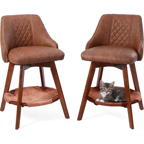 Tabourets de Bar Lot de 2 avec Dossier et Niche pour Chat, Chaise Haute Cuisine en Bois Massif, Similicuir PU Marron, 120 kg (1/3)