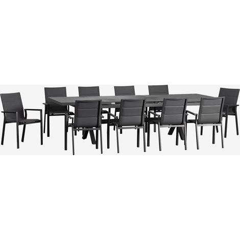Set de mesa extensible rectangular 240-300x100 cm y 10 sillas de jardín apilables con reposabrazos en aluminio Karena SKLUM (1/5)