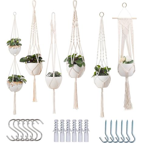 Soportes colgantes para plantas de cuerda de algodón tejida a mano, juego de 6 piezas (blanco roto) (1/5)
