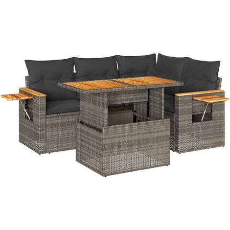 Ensemble de mobilier de jardin cinq pièces, avec coussins gris, tressé en rotin d'acacia. (1/5)