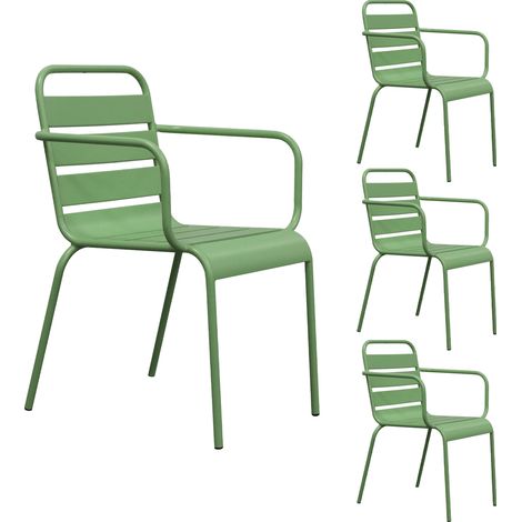 Lot de 4 chaises de jardin en métal vert avec accoudoirs - BACA