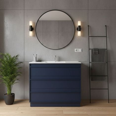 Mobile Bagno a Terra 100 cm con Lavabo in Ceramica e 3 Cassetti Blu Satinato – Urban