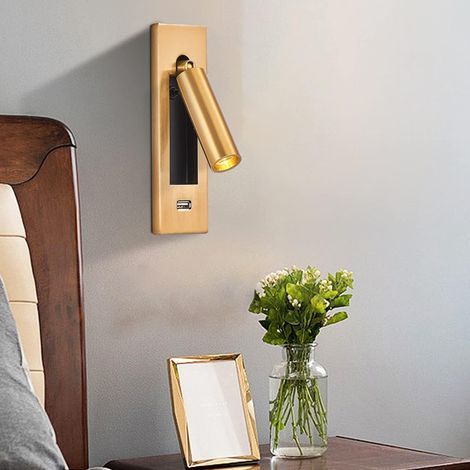 Lampe de chevet murale à LED avec port de chargement USB, interrupteur de commande de levage, câble encastré non branché (doré) (1/5)