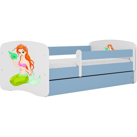 Lit enfant et junior 80 x 180 cm avec tiroir et barrière amovible, motif Sirène, bleu (1/4)