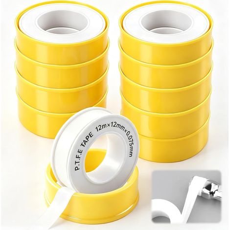 Lot de 10 rubans d'étanchéité filetés - 12 m x 12 mm - En PTFE - Pour gaz et eau - Pour installation sanitaire et de chauffage - Pour robinet, tuyaux et pompe de piscine - De -60 °C à 240 °C (1/5)
