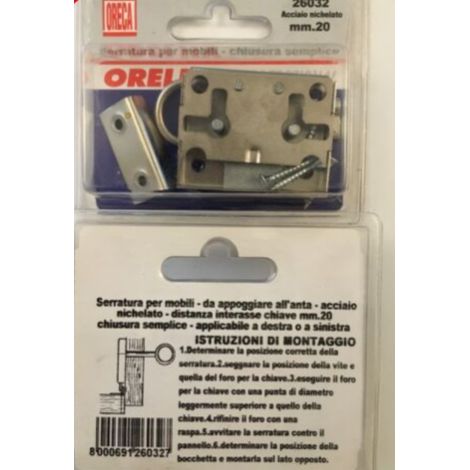 ORECA - SERRATURA PER MOBILI 20MM CON CHIAVE SEMPLICE - ACCIAIO NICHELATO