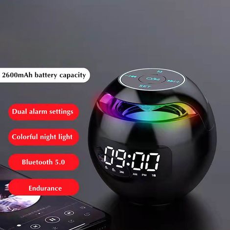 Enceinte Bluetooth - Haut-Parleur Sans Fil Avec Subwoofer - Radio FM Horloge Réveil Affichage LED - Lecteur MP3 Carte SD - 5 W - Batterie 2600 mAh - Pour Enfants Et Étudiants