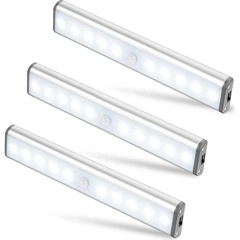 Lot de 3 Lampes 10 LED, Sans Fil, Rechargeable par USB, Aimanté, Détecteur de Mouvement, 2 Modes d’Éclairage, Portable. Lumière de Placard, Baladeuse de Secours, [Classe énergétique A+++]-