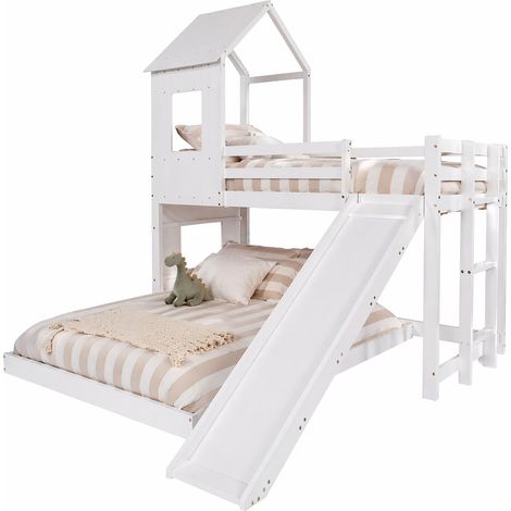 Lit superposé cabane avec toboggan, fenêtre, toit et échelle 3 marches, 90x200 cm en haut et 140x200 cm en bas, bois blanc pour chambre d’enfant – CHICFURN (1/5)