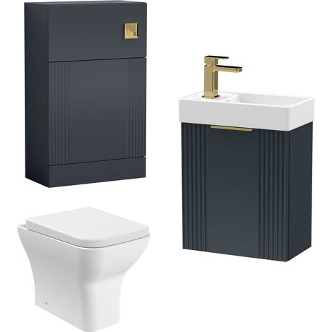 Cloakroom Suite - Wall Hung Basin Unit, Toilet & Tap - Anthracite/Brass (1/5)