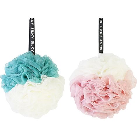 Lot de 2 grandes boules de douche et de bain en maille double couleur, 60 g (blanc et rose + blanc et vert) (1/5)