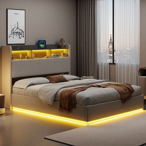 Cama lit 140x200 - Blanca - Somier hidráulico - Almacenamiento integrado - Iluminación LED 3 tonos