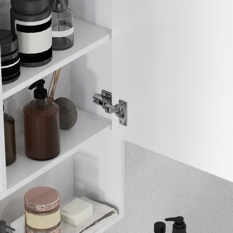 Armoire murale blanche 60x15x76cm avec miroir, étagères réglables et espace de rangement pour salle de bain. (1/5)