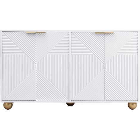 Credenza bianca in MDF con 4 porte, ripiani interni regolabili e gambe sferiche (1/5)