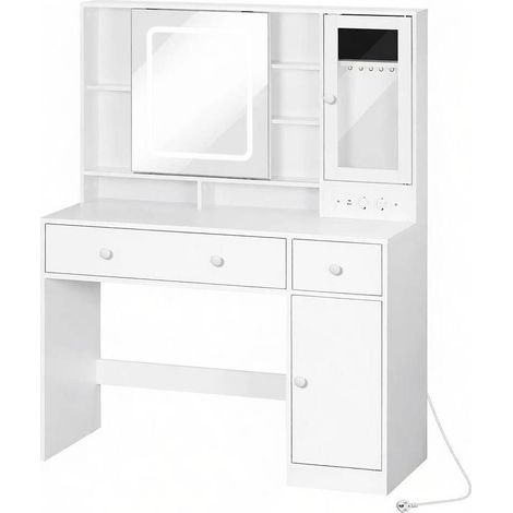 Table de maquillage avec miroir LED ajustable, rangement multifonction en bois E1, 108x40x139 cm, blanc (1/5)