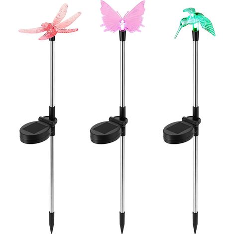 Lot de 3 lampes solaires de jardin, décoration extérieure papillons, colibris, libellules, décoration de terrasse (1/4)