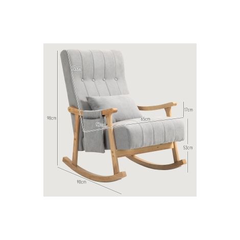 Fauteuil à bascule gris rembourré en tissu aspect lin avec coussin lombaire, poche latérale et cadre en bois pour salon et chambre (1/5)