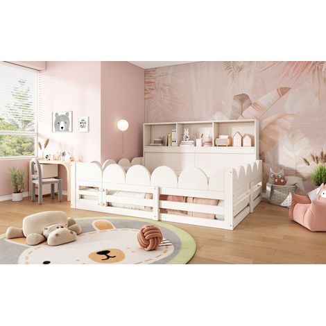 Kinderbodenbett 140x190 cm Weiß Holz mit Regal, Spiel & Ruhe, ohne Matratze – MEUBLIV (1/5)