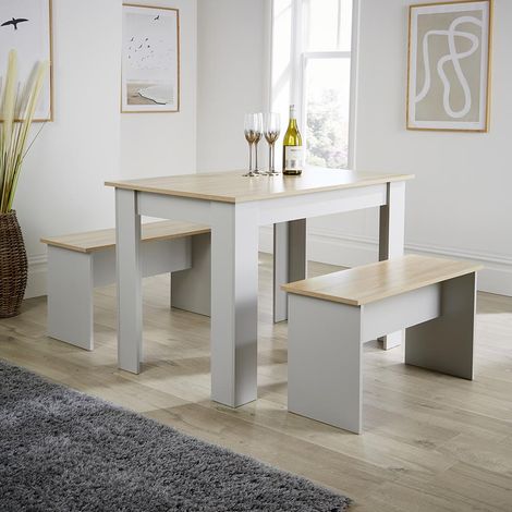 Dining Set Grey Table Benches Wooden Unit Kitchen Furniture Seats 4 Two Tone (1/5)
