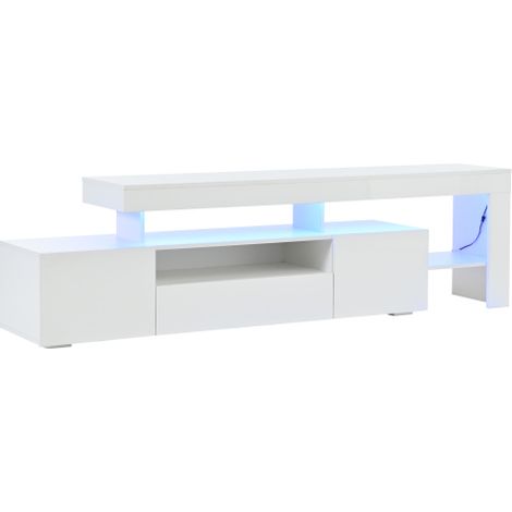Meuble TV 192 cm blanc laqué LED 3 compartiments support TV jusqu’à 85"