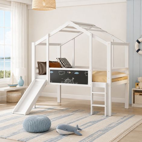 MEUBLIV Letto a soppalco 90x200 cm bianco con scivolo e lavagna, senza materasso (1/5)