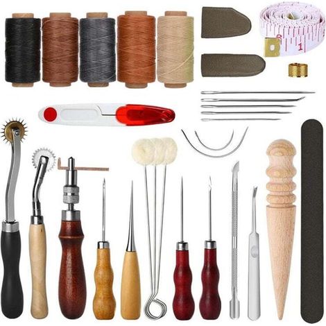 Ensemble De 31 Pcs Outils De Maroquinerie, Pour Chaussures En Cuir, Sacs, Ceintures, Couture De Cuir, Marquage, Traitement, Couture Et Encochage (1/5)