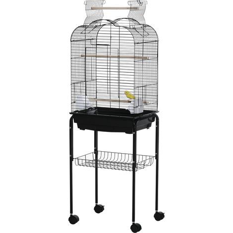 Vogelvoliere auf Rädern mit aufklappbarem Dach, 3 Sitzstangen, Bodenablage, 46 x 36 x 130 cm, schwarz