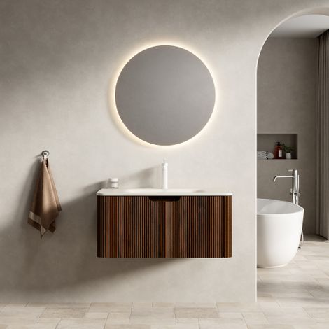 Meuble Vasque Mural 80cm Travertin avec Vasque Intégrée, Tiroirs LED, Bois Massif