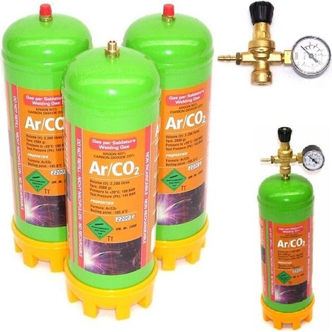 3x Einweg Schutzgasflasche 2.2L CO2 Argon Mischgas 51601 + Gasdruckminderer 51611 (1/5)