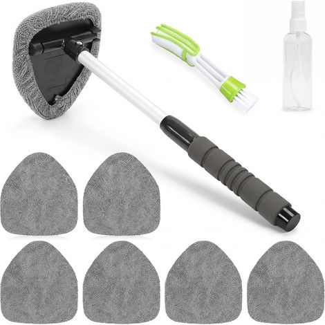 Autofensterreiniger mit 6 Mikrofaserpads und Sprühdüsen, Scheibenreiniger mit ausziehbarem Griff, Autofensterreinigungsset (dreieckig, grau)