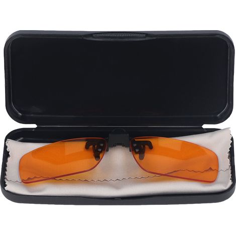 Lunettes clip-on anti-lumière bleue, rotation verticale 180°, verres orange portables, protection écran ordinateur, forme carrée, clip efficace. (1/5)
