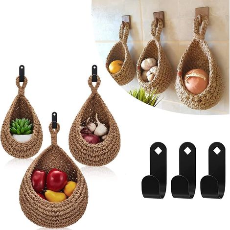 Panier Murale Pour Fruits Et Legumes - En Jute Naturel Tissé Main - Ventilé - Style Bohème Rustique - 1 Pièce (1/5)