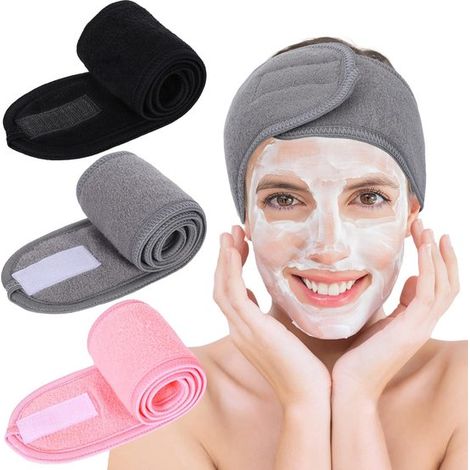 Dreiteiliges Set – Gesichtsmaskenband – Verstellbar – Geeignet zum Gesichtwaschen unter der Dusche – Weiches Frotteetuch – Geeignet für Yoga – Schwarz, Rosa, Grau (1/5)