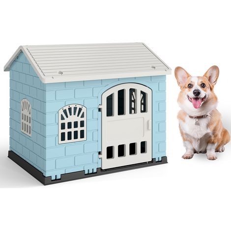 Niche Etanche pour Chien avec Porte Verrouillable, 75 x 58 x 65 cm, Cage Abri Pliable en PP, pour Lapins, Chiots, Chats, Intérieur Extérieur, Bleu (1/5)