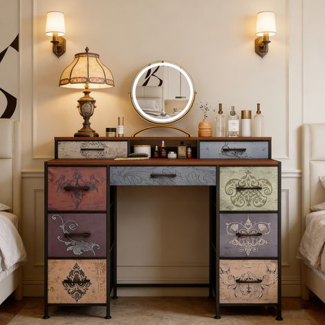 Coiffeuse pour Chambre à Coucher Vintage à Fleurs - 9 Tiroirs et 2 Étagères Ouvertes, Armoire de Rangement en Tissu